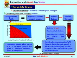 Energias Renováveis: Energia Solar Térmica
02-10-2024 Por : Luís Timóteo 53
• Tipicamente quando T é à volta
de 80 °C, as perdas térmicas, são
iguais à irradiação absorvida
(ponto de estagnação).
Dada por: (1 - )
Possível redução limitada a
pelo menos 15 - 20% para
um colector plano
vitrificado.
Energia para o
fluído
Irradiação solar na
área do colector
Perdas
Ópticas
Perdas
Térmicas
• Aproximadamente proporcional T.
• Aumenta dramaticamente quando a
diferença de temperatura é elevada.
• Explica o uso de ETCs (anticongelantes)
em climas severos.
Energia Solar Térmica
Sistema doméstico : Colectores - constituição e tipologias
Colectores planos com cobertura: Perdas
ETC -Electrothermal Chemical
Energia térmica utilizável
Perdas Térmicas
200
W/m
400
W/m
600
W/m
800
W/m
1000
W/m
0 20 40 60 80 100 120 140
20
40
60
80
100
Diferença de temperatura entre o colector e o ambiente em o
C
Eficiência
do
Colector
em
%
0
Perdas Ópticas
 