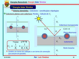 Energias Renováveis: Energia Solar Térmica
02-10-2024 Por : Luís Timóteo 56
Sistema doméstico : Colectores - constituição e tipologias
Energia Solar Térmica
Gt
Gtt(1-t)
Parte traseira
R3
R4
TA
R2
R1
TA
Gtt
Rfin
Isolamento
Placa absorsora
R2
R1
R3
R4
TA
TA
Gtt
 top loss
back loss
1 3 4
1 1
L
U
R R R
 

  

Cobertura transparente
 Contém um termo de radiação e um termo de convecção
que actuam em paralelo.
Colectores planos com cobertura: Perdas – Cálculo de UL
 
