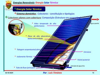Energias Renováveis: Energia Solar Térmica
02-10-2024 Por : Luís Timóteo 72
Energia Solar Térmica
• Isolamento Térmico
• Tubagem serpenteante(cobre)
• Vidro temperado de alta
performance.
Entrada de água fria
Água quente
• Tubo de fluxo (principal)
• Painel posterior
• Estrutura
• Placa de alta absorvência e
baixa emissividade.
Sistema doméstico : Colectores - constituição e tipologias
Colectores planos com cobertura: Composição (Estrutura em serpentina)
 