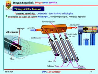 Energias Renováveis: Energia Solar Térmica
02-10-2024 Por : Luís Timóteo 96
Energia Solar Térmica
Sistema doméstico : Colectores - constituição e tipologias
Água quente
Água Fria
Transferência
de calor
Heat Pipe
Tubos de Vácuo Placas
absorsoras
Fluído
Vácuo
Placa
Absorsora
vidros duplos
Heat Pipe
Colector de calor
Condensador
Colectores de tubos de vácuo: Heat Pipe … O mesmo princípio… Maneiras diferente
 