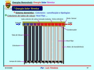 Energias Renováveis: Energia Solar Térmica
02-10-2024 Por : Luís Timóteo 97
Energia Solar Térmica
Sistema doméstico : Colectores - constituição e tipologias
Colectores de tubos de vácuo: Heat Pipe …
Heat Pipe
Aleta de transferência
Condensador
Saída
Tubo de Vácuo
Estrutura
tampa do tubo
Entrada
tubo colector de cobre Camada isolante Caixa colectora Porta -Sensor
 