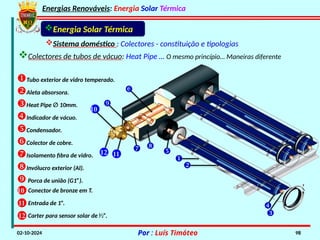 Energias Renováveis: Energia Solar Térmica
02-10-2024 Por : Luís Timóteo 98
Energia Solar Térmica
Sistema doméstico : Colectores - constituição e tipologias









10
11
12
Tubo exterior de vidro temperado.
Aleta absorsora.
Heat Pipe ∅ 10mm.
Indicador de vácuo.
Condensador.
Colector de cobre.
Isolamento fibra de vidro.
Invólucro exterior (Al).
Porca de união (G1”).
Conector de bronze em T.
10
Entrada de 1”.
11
Carter para sensor solar de ⅟2”.
12
Colectores de tubos de vácuo: Heat Pipe … O mesmo princípio… Maneiras diferente
 