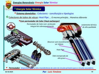 Energias Renováveis: Energia Solar Térmica
02-10-2024 Por : Luís Timóteo 99
Sistema doméstico : Colectores - constituição e tipologias
Colectores de tubos de vácuo: Heat Pipe … O mesmo princípio… Maneiras diferente
Energia Solar Térmica
·Com permutador de Calor (Heat exchanger)
Isolamento térmico
de alta qualidade
Vidro temperado de
alto grau
Permutador de Calor com protecção
integral de sobreaquecimento
Heat Pipe
Absorsor com revestimento
sol -titânio
· Permutador- dispositivo onde se dá a transferência do calor do circuito primário para o circuito secundário.
 