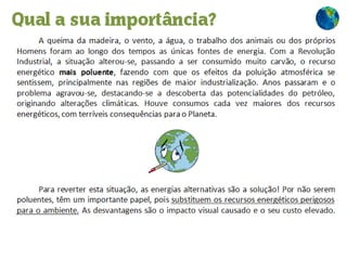 Qual a sua importância? A queima da madeira, o vento, a água, o trabalho dos animais ou dos próprios Homens foram ao longo dos tempos as únicas fontes de energia. Com a Revolução Industrial, a situação alterou-se, passando a ser consumido muito carvão, o recurso energético  mais poluente , fazendo com que os efeitos da poluição atmosférica se sentissem, principalmente nas regiões de maior industrialização. Anos passaram e o problema agravou-se, destacando-se a descoberta das potencialidades do petróleo, originando alterações climáticas. Houve consumos cada vez maiores dos recursos energéticos, com terríveis consequências para o Planeta. Para reverter esta situação, as energias alternativas são a solução! Por não serem poluentes, têm um importante papel, pois  substituem os recursos energéticos perigosos para o ambiente.  As desvantagens são o impacto visual causado e o seu custo elevado. 