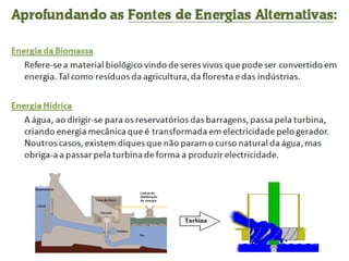 Aprofundando as  Fontes de Energias Alternativas : Energia da Biomassa Refere-se a material biológico vindo de seres vivos que pode ser convertido em energia. Tal como resíduos da agricultura, da floresta e das indústrias. Energia Hídrica A água, ao dirigir-se para os reservatórios das barragens, passa pela turbina, criando energia mecânica que é transformada em electricidade pelo gerador. Noutros casos, existem diques que não param o curso natural da água, mas obriga-a a passar pela turbina de forma a produzir electricidade. 