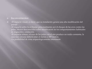 Inconvenientes:-El impacto visual, es decir; que su instalación genera una alta modificación del paisaje.-El impacto sobre la avifauna: principalmente por el choque de las aves contra las palas, efectos desconocidos sobre modificación de los comportamientos habituales de migración y anidación.-El impacto sonoro, el roce de las palas con el aire produce un ruido constante, la casa más cercana deberá estar al menos a 200 metros.-La posibilidad de zona arqueológicamente interesante.