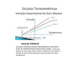ESCALAS TERMICAS
AS ESCALS TERMICAS SERVEM PARA MNEDIR OU INDICAM O
NIVEL DE TEMPERATURA ACHADA EM SEU CORPO, sendo que
podem ser três: graus Celsius, kelvin e Fahrenheit. Já o calor é a
energia de outro corpo passa para outro de corpo de menor
temperatura
 