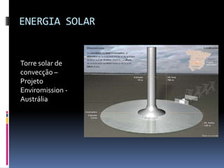 ENERGIA SOLAR


Torre solar de
convecção –
Projeto
Enviromission -
Austrália
 