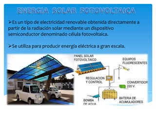 Es un tipo de electricidad renovable obtenida directamente a
partir de la radiación solar mediante un dispositivo
semiconductor denominado célula fotovoltaica.
Se utiliza para producir energía eléctrica a gran escala.
 