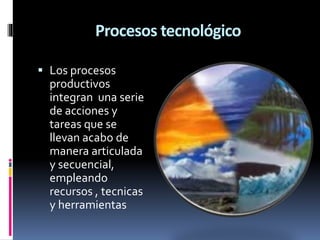 Procesos tecnológico
 Los procesos
productivos
integran una serie
de acciones y
tareas que se
llevan acabo de
manera arti...