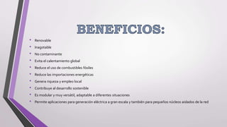 • Renovable
• Inagotable
• No contaminante
• Evita el calentamiento global
• Reduce el uso de combustibles fósiles
• Reduce las importaciones energéticas
• Genera riqueza y empleo local
• Contribuye al desarrollo sostenible
• Es modular y muy versátil, adaptable a diferentes situaciones
• Permite aplicaciones para generación eléctrica a gran escala y también para pequeños núcleos aislados de la red
 