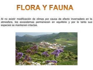 Al no existir modificación de climas por causa de efecto invernadero en la
atmosfera, los ecosistemas permanecen en equilibrio y por lo tanto sus
especies se mantienen intactas.
 