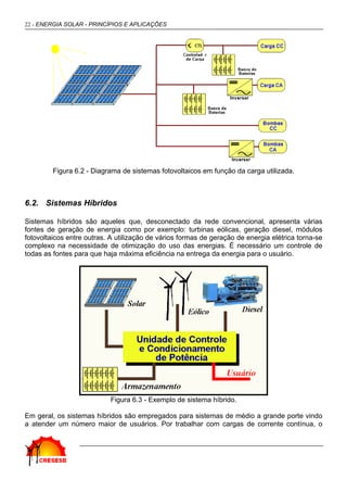 22 - ENERGIA SOLAR - PRINCÍPIOS E APLICAÇÕES




         Figura 6.2 - Diagrama de sistemas fotovoltaicos em função da carga utilizada.



6.2. Sistemas Híbridos

Sistemas híbridos são aqueles que, desconectado da rede convencional, apresenta várias
fontes de geração de energia como por exemplo: turbinas eólicas, geração diesel, módulos
fotovoltaicos entre outras. A utilização de vários formas de geração de energia elétrica torna-se
complexo na necessidade de otimização do uso das energias. É necessário um controle de
todas as fontes para que haja máxima eficiência na entrega da energia para o usuário.




                           Figura 6.3 - Exemplo de sistema híbrido.

Em geral, os sistemas híbridos são empregados para sistemas de médio a grande porte vindo
a atender um número maior de usuários. Por trabalhar com cargas de corrente contínua, o
 