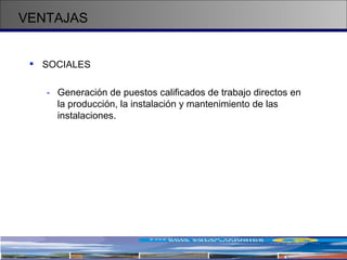 VENTAJAS SOCIALES Generación de puestos calificados de trabajo directos en la producción, la instalación y mantenimiento de las instalaciones.  