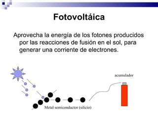 Fotovoltáica Aprovecha la energía de los fotones producidos por las reacciones de fusión en el sol, para generar una corriente de electrones. Metal semiconductor (silicio) acumulador 