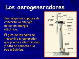 Son máquinas capaces de convertir la energía eólica en energía eléctrica. El giro de las palas se transmite al generador que produce electricidad, y ésta se conecta a la red eléctrica. Los aerogeneradores 