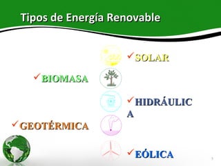 Tipos de Energía Renovable


                    SOLAR

   BIOMASA

                    HIDRÁULIC
                    A
GEOTÉRMICA

                    EÓLICA      5
 