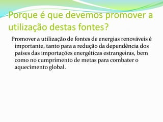 Porque é que devemos promover a utilização destas fontes? Promover a utilização de fontes de energias renováveis é importante, tanto para a redução da dependência dos países das importações energéticas estrangeiras, bem como no cumprimento de metas para combater o aquecimento global.
