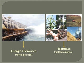 Energia Hidráulica (força dos rios) Biomassa (matéria orgânica) 