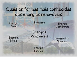 Quais as formas mais conhecidas
das energias renováveis
Energia Biomassa Energia
Solar Geotérmica
Energias
Energia Renováveis Energia dos
Eólica Oceanos
Energia
Hídrica