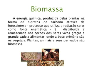 Biomassa
A energia química, produzida pelas plantas na
forma de hidratos de carbono através da
fotossíntese - processo que utiliza a radiação solar
como fonte energética - é distribuída e
armazenada nos corpos dos seres vivos graças a
grande cadeia alimentar, onde a base primária são
os vegetais. Plantas, animais e seus derivados são
biomassa.
 