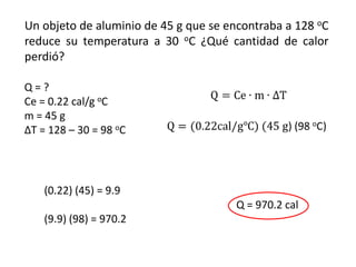 Un objeto de aluminio de 45 g que se encontraba a 128 oC
reduce su temperatura a 30 oC ¿Qué cantidad de calor
perdió?

Q=?
Ce = 0.22 cal/g oC
m = 45 g
ΔT = 128 – 30 = 98 oC




    (0.22) (45) = 9.9
                                      Q = 970.2 cal
    (9.9) (98) = 970.2
 