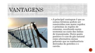  A principal vantagem é que as
usinas térmicas podem ser
construídas com maior rapidez
e próximas às regiões de
consumo, resultando assim
economia no custo das linhas
de transmissão. Outro ponto
positivo é o uso do gás natural
como alternativa menos
poluente que os combustíveis
derivados do petróleo e o
carvão.
 