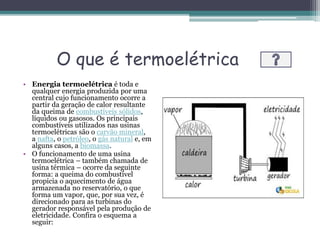 O que é termoelétrica
• Energia termoelétrica é toda e
qualquer energia produzida por uma
central cujo funcionamento ocorre a
partir da geração de calor resultante
da queima de combustíveis sólidos,
líquidos ou gasosos. Os principais
combustíveis utilizados nas usinas
termoelétricas são o carvão mineral,
a nafta, o petróleo, o gás natural e, em
alguns casos, a biomassa.
• O funcionamento de uma usina
termoelétrica – também chamada de
usina térmica – ocorre da seguinte
forma: a queima do combustível
propicia o aquecimento de água
armazenada no reservatório, o que
forma um vapor, que, por sua vez, é
direcionado para as turbinas do
gerador responsável pela produção de
eletricidade. Confira o esquema a
seguir:
 