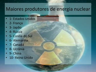 Maiores produtores de energia nuclear
• 1- Estados Unidos
• 2- França
• 3- Japão
• 4- Rússia
• 5- Coréia do Sul
• 6- Alemanha
• 7- Canadá
• 8- Ucrânia
• 9- China
• 10- Reino Unido
 