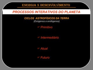 CICLOS  ASTROFÍSICOS DA TERRA (Exógenos e endógenos)    Primitivo   (Altas temperaturas, meteorização crosta, atmosfera densa, CO2, dilúvios...)    Intermediário   (Metamorfose crosta, tectônica, vulcanismo, resfriamento, oceanos, rios, vida)    Atual   (Rarefação atmosférica, dobramentos, intensa sedimentação, seres humanos)    Futuro (Desaparece CO2, fim fotossíntese e biosfera, muito petróleo, desertificação)   ENERGIA x DESENVOLVIMENTO   PROCESSOS INTERATIVOS DO PLANETA 