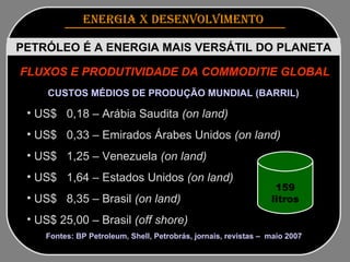 ENERGIA x DESENVOLVIMENTO   PETRÓLEO É A ENERGIA MAIS VERSÁTIL DO PLANETA FLUXOS E PRODUTIVIDADE DA COMMODITIE GLOBAL  CUSTOS MÉDIOS DE PRODUÇÃO MUNDIAL (BARRIL)   US$  0,18 – Arábia Saudita  (on land)  US$  0,33 – Emirados Árabes Unidos  (on land)  US$  1,25 – Venezuela  (on land)  US$  1,64 – Estados Unidos  (on land)  US$  8,35 – Brasil  (on land)  US$ 25,00 – Brasil  (off shore) Fontes: BP Petroleum, Shell, Petrobrás, jornais, revistas –  maio 2007  159 litros 