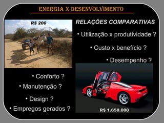 ENERGIA x DESENVOLVIMENTO   R$ 200 R$ 1.650.000 Utilização x produtividade ?   RELAÇÕES COMPARATIVAS   Custo x benefício ? Empregos gerados ?   Manutenção ?   Desempenho ?   Conforto ?   Design ?   