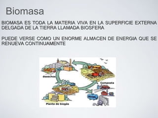BIOMASA ES TODA LA MATERIA VIVA EN LA SUPERFICIE EXTERNA
DELGADA DE LA TIERRA LLAMADA BIOSFERA
PUEDE VERSE COMO UN ENORME ALMACEN DE ENERGIA QUE SE
RENUEVA CONTINUAMENTE
Biomasa
desechos
Planta de biogás
Composta
 