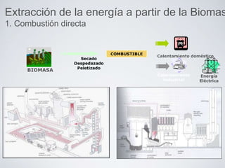 BIOMASA
Secado
Despedazado
Peletizado
COMBUSTIBLE
Calentamiento doméstico
Calentamiento
industrial
Energía
Eléctrica
Extracción de la energía a partir de la Biomas
1. Combustión directa
 
