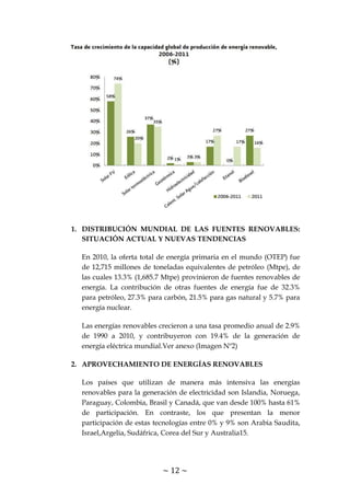 ~ 12 ~
1. DISTRIBUCIÓN MUNDIAL DE LAS FUENTES RENOVABLES:
SITUACIÓN ACTUAL Y NUEVAS TENDENCIAS
En 2010, la oferta total de energía primaria en el mundo (OTEP) fue
de 12,715 millones de toneladas equivalentes de petróleo (Mtpe), de
las cuales 13.3% (1,685.7 Mtpe) provinieron de fuentes renovables de
energía. La contribución de otras fuentes de energía fue de 32.3%
para petróleo, 27.3% para carbón, 21.5% para gas natural y 5.7% para
energía nuclear.
Las energías renovables crecieron a una tasa promedio anual de 2.9%
de 1990 a 2010, y contribuyeron con 19.4% de la generación de
energía eléctrica mundial.Ver anexo (Imagen Nº2)
2. APROVECHAMIENTO DE ENERGÍAS RENOVABLES
Los países que utilizan de manera más intensiva las energías
renovables para la generación de electricidad son Islandia, Noruega,
Paraguay, Colombia, Brasil y Canadá, que van desde 100% hasta 61%
de participación. En contraste, los que presentan la menor
participación de estas tecnologías entre 0% y 9% son Arabia Saudita,
Israel,Argelia, Sudáfrica, Corea del Sur y Australia15.
 