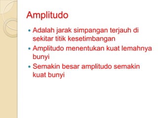 Amplitudo
Adalah jarak simpangan terjauh di
sekitar titik kesetimbangan
 Amplitudo menentukan kuat lemahnya
bunyi
 Semakin besar amplitudo semakin
kuat bunyi


 