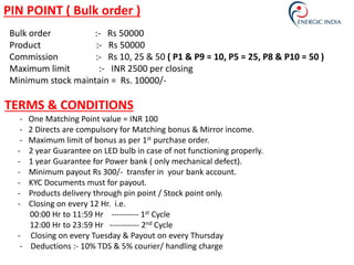 - One Matching Point value = INR 100
- 2 Directs are compulsory for Matching bonus & Mirror income.
- Maximum limit of bonus as per 1st purchase order.
- 2 year Guarantee on LED bulb in case of not functioning properly.
- 1 year Guarantee for Power bank ( only mechanical defect).
- Minimum payout Rs 300/- transfer in your bank account.
- KYC Documents must for payout.
- Products delivery through pin point / Stock point only.
- Closing on every 12 Hr. i.e.
00:00 Hr to 11:59 Hr ---------- 1st Cycle
12:00 Hr to 23:59 Hr ----------- 2nd Cycle
- Closing on every Tuesday & Payout on every Thursday
- Deductions :- 10% TDS & 5% courier/ handling charge
PIN POINT ( Bulk order )
Bulk order :- Rs 50000
Product :- Rs 50000
Commission :- Rs 10, 25 & 50 ( P1 & P9 = 10, P5 = 25, P8 & P10 = 50 )
Maximum limit :- INR 2500 per closing
Minimum stock maintain = Rs. 10000/-
TERMS & CONDITIONS
 