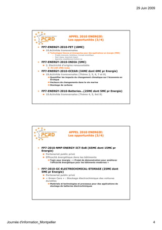 29 Juin 2009




                                                     APPEL 2010 ENERGIE:
                                                     Les opportunités (3/4)

                    • FP7-ENERGY-2010-FET (18M€)
                        ► 10.Activités transversales
                              Technologies futures et émergentes pour des applications en énergie (PME)
                                »   Projets innovants, Ambitieux, Concept scientifique
                                »   Haut risque, important impact
                                »   Approche complètement bottom-up

                    • FP7-ENERGY-2010-INDIA (5M€)
                        ► 2. Electricité d’origine renouvelable
                              PV+CSP (PME+Inde)

                    • FP7-ENERGY-2010-OCEAN (34M€ dont 6M€ pr Energie)
                        ► 10.Activités transversales (Thème 2, 5, 6, 7 et 8)
                              Quantifier les impacts du changement climatique sur l’économie en
                              Arctique
                              Vecteurs de changements dans la vie marine
                              Stockage de carbone


                    • FP7-ENERGY-2010-Batteries…(25M€ dont 5M€ pr Energie)
                        ► 10.Activités transversales (Thème 4, 5, 6et 8)




                                                     APPEL 2010 ENERGIE:
                                                     Les opportunités (3/4)



                    • FP7-2010-NMP-ENERGY-ICT-EeB (65M€ dont 15M€ pr
                      Energie)
                        ► Partenariat public privé
                        ► Efficacité énergétique dans les bâtiments
                              Topic pour énergie : « Projet de démonstration pour améliorer
                              l’efficacité énergétique pour les bâtiments modernes »


                    • FP7-2010-GC-ELECTROCHIMICAL-STORAGE (25M€ dont
                      5M€ pr Energie)
                        ► Partenariat public privé
                        ► « Green Cars » : Stockage électrochimique des voitures
                          durables
                              Matériels et technologies et processus pour des applications de
                              stockage de batteries électrochimiques




Journée d'information_Montpellier                                                                                   4
 