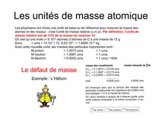 Les unités de masse atomique
Les physiciens ont choisi une unité de base ou de référence pour mesurer la masse des
atomes et des noyaux : c’est l’unité de masse relative (u.m.a). Par définition, l’unité de
masse relative est de 1/12 de la masse du carbone 12
On sait qu’une mole (= 6.1023
atomes) d’atomes de C a une masse de 12 g
Donc 1 uma = 12.10-3
/ 12. 6,02.1023
= 1,6606.10-27
kg
Avec cette nouvelle unité, les masses des particules importantes sont :
M proton = 1.0073 uma = 1 uma
M neutron = 1.0087 uma = 1 uma
M électron = 0.0005 uma = 1 uma / 1836
Le défaut de masse
Exemple : L’Hélium
 