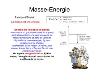 Masse-Energie
8
Energie en
Masse en
Vitesse de la lumière = 3.10 /
2.
E J
M kg
c m s
E M c=
Relation d’Einstein:
La masse est une énergie
Energie de liaison d’un noyau
Nous avons vu que si on formait un noyau à
partir des nucléons, il y avait une perte de
masse du système et donc en vertu de
l’équivalence masse-énergie, il y aura
dégagement de chaleur.
Inversement, si on cassait un noyau pour
séparer les nucléons, il faudrait fournir une
énergie équivalente
On appelle énergie de liaison El d’un
noyau, l’énergie à fournir pour séparer les
nucléons de ce noyau.
 