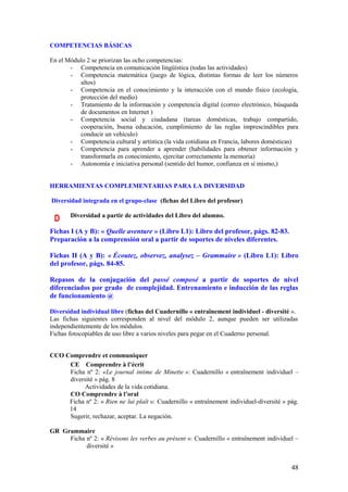 COMPETENCIAS BÁSICAS

En el Módulo 2 se priorizan las ocho competencias:
       - Competencia en comunicación lingüística (todas las actividades)
       - Competencia matemática (juego de lógica, distintas formas de leer los números
          altos)
       - Competencia en el conocimiento y la interacción con el mundo físico (ecología,
          protección del medio)
       - Tratamiento de la información y competencia digital (correo electrónico, búsqueda
          de documentos en Internet )
       - Competencia social y ciudadana (tareas domésticas, trabajo compartido,
          cooperación, buena educación, cumplimiento de las reglas imprescindibles para
          conducir un vehículo)
       - Competencia cultural y artística (la vida cotidiana en Francia, labores domésticas)
       - Competencia para aprender a aprender (habilidades para obtener información y
          transformarla en conocimiento, ejercitar correctamente la memoria)
       - Autonomía e iniciativa personal (sentido del humor, confianza en sí mismo,)


HERRAMIENTAS COMPLEMENTARIAS PARA LA DIVERSIDAD

Diversidad integrada en el grupo-clase (fichas del Libro del profesor)

       Diversidad a partir de actividades del Libro del alumno.
 D
Fichas I (A y B): « Quelle aventure » (Libro L1): Libro del profesor, págs. 82-83.
Preparación a la comprensión oral a partir de soportes de niveles diferentes.

Fichas II (A y B): « Écoutez, observez, analysez – Grammaire » (Libro L1): Libro
del profesor, págs. 84-85.

Repasos de la conjugación del passé composé a partir de soportes de nivel
diferenciados por grado de complejidad. Entrenamiento e inducción de las reglas
de funcionamiento @

Diversidad individual libre (fichas del Cuadernillo « entraînement individuel - diversité ».
Las fichas siguientes corresponden al nivel del módulo 2, aunque pueden ser utilizadas
independientemente de los módulos.
Fichas fotocopiables de uso libre a varios niveles para pegar en el Cuaderno personal.


CCO Comprendre et communiquer
     CE Comprendre à l’écrit
     Ficha nº 2: «Le journal intime de Minette »: Cuadernillo « entraînement individuel –
     diversité » pág. 8
           Actividades de la vida cotidiana.
     CO Comprendre à l’oral
     Ficha nº 2: « Rien ne lui plaît »: Cuadernillo « entraînement individuel-diversité » pág.
     14
     Sugerir, rechazar, aceptar. La negación.

GR Grammaire
     Ficha nº 2: « Révisons les verbes au présent »: Cuadernillo « entraînement individuel –
           diversité »


                                                                                           48
 