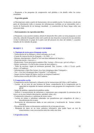 - Respuesta a las preguntas de comprensión oral globales o de detalle sobre los textos
estudiados.

- Expresión guiada

a) Descripciones orales a partir de ilustraciones o de un modelo escrito b) elección y cita de una
parte de información leída c) resumen de informaciones recibidas en un intercambio oral o
escrito d) finalización de un mensaje inacabado e) construcción de frases largas sobre una
estructura dada.

- Entrenamiento a la expresión más libre

a) Respuesta a una cuestión temática abierta b) desarrollo libre sobre un tema propuesto c) oral
entre dos, inducido d) pequeño relato oral a partir de una situación e) narración de una anécdota
vivida f) elaboración en grupo de la parte oral del proyecto de clase del módulo 3, acuerdos
tomados de los métodos de grupo.


BLOQUE 2.                       LEER Y ESCRIBIR

1. Tipología de textos para el lenguaje escrito
- Transcripción de los diálogos y textos utilizados en el oral.
- Cuento de ciencia-ficción en el pasado « En 2099… ».
- Retratos, descripciones « Kaofi et Terl sont deux habitants de Sazyria ».
- Entrevista escrita « Interview ».
- Predicciones. Texto prescriptivo auténtico Doc. Lecture « Horoscope, spécial collège ».
- Relato, testimonio « Le fait le plus cocasse de mon enfance ».
- Taller de escritura: según un testimonio personal. Doc .Lecture: « Aller à l’école, quelle
chance » (Cuaderno).
- Informaciones y Quiz Doc lecture «Les Jeux olympiques dans l’Antiquité ».
- Test « Les Jeux olympiques dans l’actualité ? » (Cuaderno).
- Juegos escritos Juegos de lógica, resolver un enigma (Cuaderno).
- Instrucciones escritas del Libro y del Cuaderno.

2. Comprensión escrita
- Comprensión escrita funcional y exhaustiva de las instrucciones del Libro y del Cuaderno.
- Lectura de un texto de una treintena de líneas, comprobación de la comprensión por la
         capacidad en responder de manera autónoma a unas preguntas de comprensión o a unos
         QUIZ.
- Juegos de palabras, separación de palabras unidas.
- Análisis y reconocimiento de estructuras y expresiones para comprender la estructura de un
texto y en su caso imitarlo (descripción, anécdota, relato, etc).
- Comprensión exhaustiva y autónoma de textos cortos.
- Lectura de relatos o anécdotas redactadas con pseudónimos por compañeros de clase y
         descubrimiento de su autor.
- Restitución de informaciones dadas en una entrevista y localización de formas verbales
         concretas.
- Percepción del humor en documentos auténticos de revista para jóvenes.
- Búsqueda de datos en un texto auténtico informativo para poder hacer un test de
         conocimientos o una conversación entre dos sobre este tema.

3. Expresión escrita




                                                                                               52
 