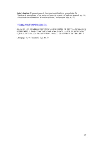 Autoévaluation: L’apprentissage du français et moi (Cuaderno personal pág. 5),
Técnicas de ap`rendizaje «Pour mieux préparer un exposé » (Cuaderno personal pág.14);
Autoevaluación del módulo 4 (Cuaderno personal, Mes progrès, págs. 6 y 7.)



TESTEZ VOS COMPÉTENCES (2):

BILAN DE LAS CUATRO COMPETENCIAS EN FORMA DE TESTS ADICIONALES
REFERENTES A LOS CONOCIMIENTOS ADQUIRIDOS HASTA EL MOMENTO Y
EQUIVALENTES A LOS EXÁMENES DEL MARCO DE REFERENCIA Y DEL DELF

Libro págs. 48, 49 y Cuaderno págs. 56, 57




                                                                                  65
 
