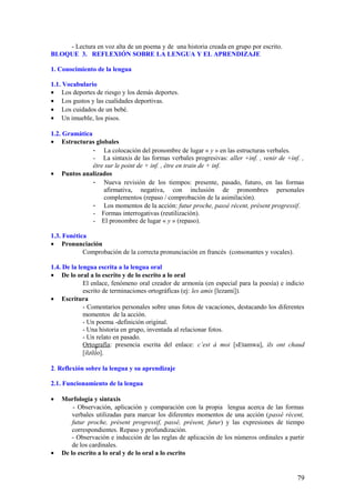 - Lectura en voz alta de un poema y de una historia creada en grupo por escrito.
BLOQUE 3. REFLEXIÓN SOBRE LA LENGUA Y EL APRENDIZAJE

1. Conocimiento de la lengua

1.1. Vocabulario
• Los deportes de riesgo y los demás deportes.
• Los gustos y las cualidades deportivas.
• Los cuidados de un bebé.
• Un imueble, los pisos.

1.2. Gramática
• Estructuras globales
               - La colocación del pronombre de lugar « y » en las estructuras verbales.
               - La sintaxis de las formas verbales progresivas: aller +inf. , venir de +inf. ,
               être sur le point de + inf. , être en train de + inf.
• Puntos analizados
               - Nueva revisión de los tiempos: presente, pasado, futuro, en las formas
                   afirmativa, negativa, con inclusión de pronombres personales
                   complementos (repaso / comprobación de la asimilación).
               - Los momentos de la acción: futur proche, passé récent, présent progressif.
               - Formas interrogativas (reutilización).
               - El pronombre de lugar « y » (repaso).

1.3. Fonética
• Pronunciación
            Comprobación de la correcta pronunciación en francés (consonantes y vocales).

1.4. De la lengua escrita a la lengua oral
• De lo oral a lo escrito y de lo escrito a lo oral
             El enlace, fenómeno oral creador de armonía (en especial para la poesía) e indicio
             escrito de terminaciones ortográficas (ej: les amis [lezami]).
• Escritura
             - Comentarios personales sobre unas fotos de vacaciones, destacando los diferentes
             momentos de la acción.
             - Un poema -definición original.
             - Una historia en grupo, inventada al relacionar fotos.
             - Un relato en pasado.
             Ortografía: presencia escrita del enlace: c’est à moi [sEtamwa], ils ont chaud
             [ilzõ∫o].

2. Reflexión sobre la lengua y su aprendizaje

2.1. Funcionamiento de la lengua

•   Morfología y sintaxis
        - Observación, aplicación y comparación con la propia lengua acerca de las formas
        verbales utilizadas para marcar los diferentes momentos de una acción (passé récent,
        futur proche, présent progressif, passé, présent, futur) y las expresiones de tiempo
        correspondientes. Repaso y profundización.
        - Observación e inducción de las reglas de aplicación de los números ordinales a partir
        de los cardinales.
•   De lo escrito a lo oral y de lo oral a lo escrito


                                                                                            79
 