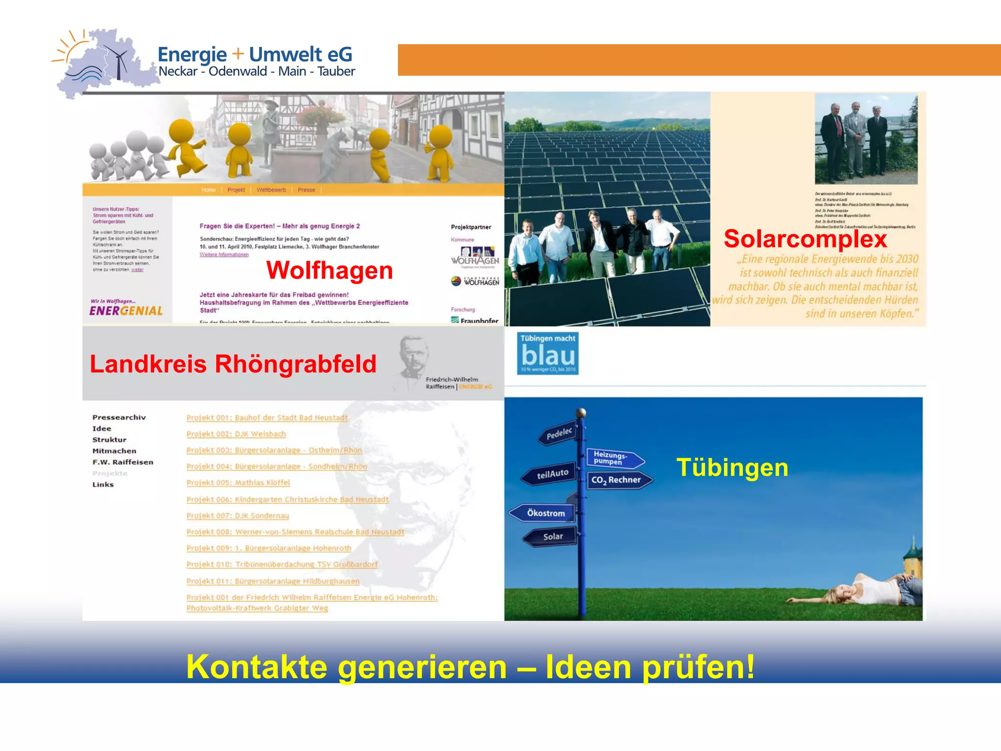 Solarcomplex
             Wolfhagen


Landkreis Rhöngrabfeld



                                     Tübingen




       Kontakte generieren – Ideen prüfen!
 