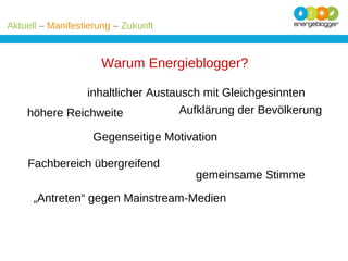 Aktuell – Manifestierung – Zukunft

Warum Energieblogger?
inhaltlicher Austausch mit Gleichgesinnten
Aufklärung der Bevölkerung
höhere Reichweite
Gegenseitige Motivation
Fachbereich übergreifend

gemeinsame Stimme

„Antreten“ gegen Mainstream-Medien

 