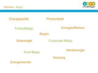 Themen - Blogs

Energiepolitik

Photovoltaik
Energieeffizienz

Freizeitblogs
Bauen
Bioenergie

Corporate-Blogs
Windenergie

Profi-Blogs
Heizung
Energiewende

 