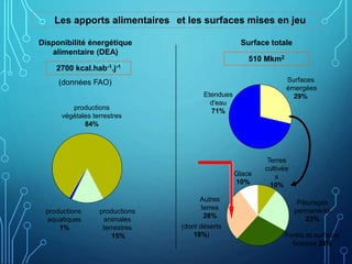 Les apports alimentaires
Disponibilité énergétique
alimentaire (DEA)
productions
végétales terrestres
84%
productions
animales
terrestres
15%
productions
aquatiques
1%
2700 kcal.hab-1.j-1
(données FAO) Surfaces
émergées
29%
Etendues
d'eau
71%
Terres
cultivée
s
10%
Pâturages
permanents
23%
Autres
terres
28%
Glace
10%
Forêts et surfaces
boisées 28%
Surface totale
510 Mkm2
(dont déserts
18%)
et les surfaces mises en jeu
 