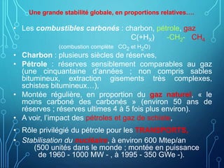 Une grande stabilité globale, en proportions relatives….
• Les combustibles carbonés : charbon, pétrole, gaz
C(+HX) -CH2- CH4
(combustion complète CO2 et H2O)
• Charbon : plusieurs siècles de réserves,
• Pétrole : réserves sensiblement comparables au gaz
(une cinquantaine d’années ; non compris sables
bitumineux, extraction gisements très complexes,
schistes bitumineux…),
• Montée régulière, en proportion du gaz naturel, « le
moins carboné des carbonés » (environ 50 ans de
réserves ; réserves ultimes 4 à 5 fois plus environ).
• A voir, l’impact des pétroles et gaz de schiste,
• Rôle privilégié du pétrole pour les TRANSPORTS,
• Stabilisation du nucléaire, à environ 600 Mtep/an
(500 unités dans le monde ; montée en puissance
de 1960 - 1000 MW - , à 1995 - 350 GWe -).
 