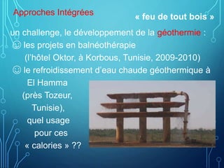 un challenge, le développement de la géothermie :
☺ les projets en balnéothérapie
(l’hôtel Oktor, à Korbous, Tunisie, 2009-2010)
☺ le refroidissement d’eau chaude géothermique à
El Hamma
(près Tozeur,
Tunisie),
quel usage
pour ces
« calories » ??
Approches Intégrées « feu de tout bois »
 